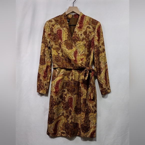 Vintage Donna Morgan 100% Silk Floral Paisley Dress Women's 6P Brown Boho Retro - Picture 1 of 9
